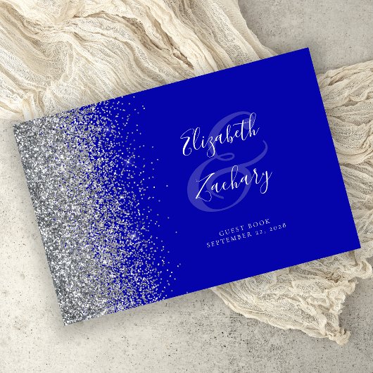 Modern Royal Blue Silver Glitter Script Gastenboek