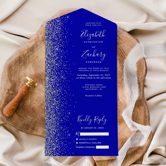 Modern Royal Blue Silver Glitter Wedding All In One Uitnodiging