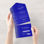 Modern Royal Blue Silver Glitter Wedding All In One Uitnodiging (Afscheurbaar)