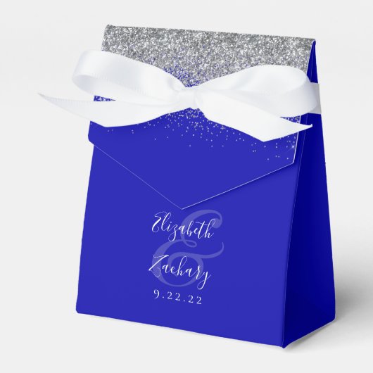 Modern Royal Blue Silver Glitter Wedding Bedankdoosjes (Voorkant Zijde)