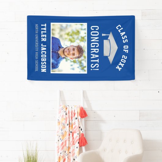 Modern Royal Blue Silver Photo Graduparty Spandoek (Insitu)