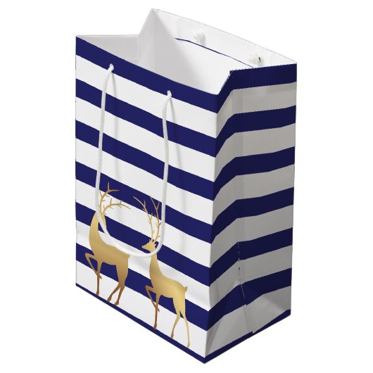 Modern Royal Blue Stripes Gold Deer Medium Cadeauzakje (Voorkant Gekanteld)
