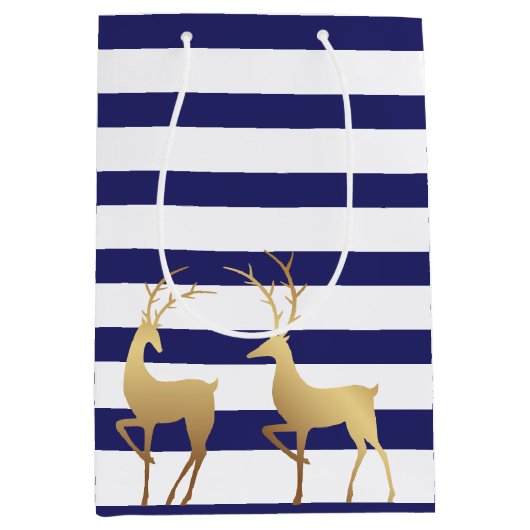 Modern Royal Blue Stripes Gold Deer Medium Cadeauzakje (Voorkant)