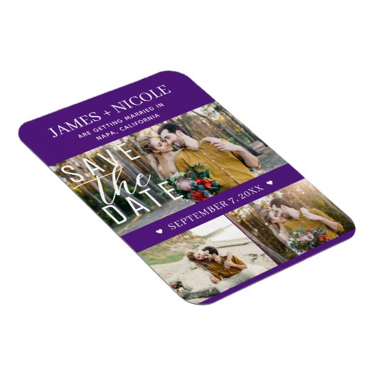 Modern Royal Paarse Save the Date Wedding 3 Foto's Magneet (Rechterzijde)
