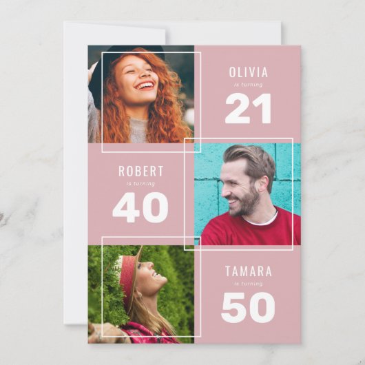 Modern Roze 3 Foto Joint Birthday Party Kaart (Voorkant)