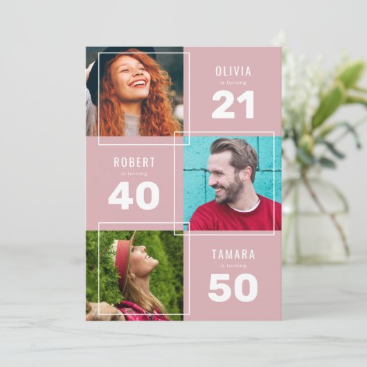 Modern Roze 3 Foto Joint Birthday Party Kaart (Staand voorkant)