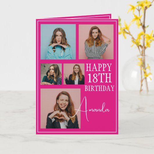 Modern Roze 5 Fotocollage 18e Verjaardag Kaart (Gele Bloem)