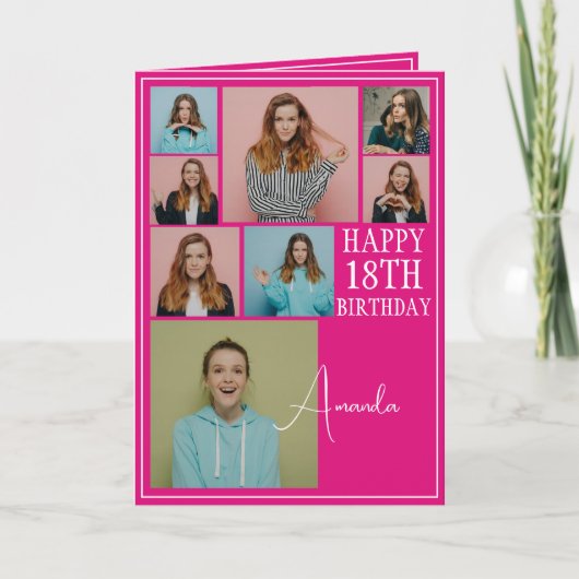 Modern Roze 8 Fotocollage 18e Verjaardag Kaart (Voorkant)