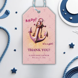 Modern roze Ahoy! Nautisch Baby shower voor anker Cadeaulabel
