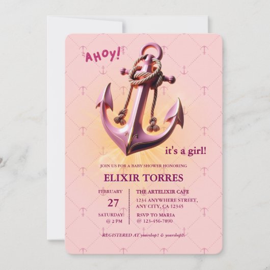Modern roze Ahoy! Nautisch Baby shower voor anker Kaart (Voorkant)
