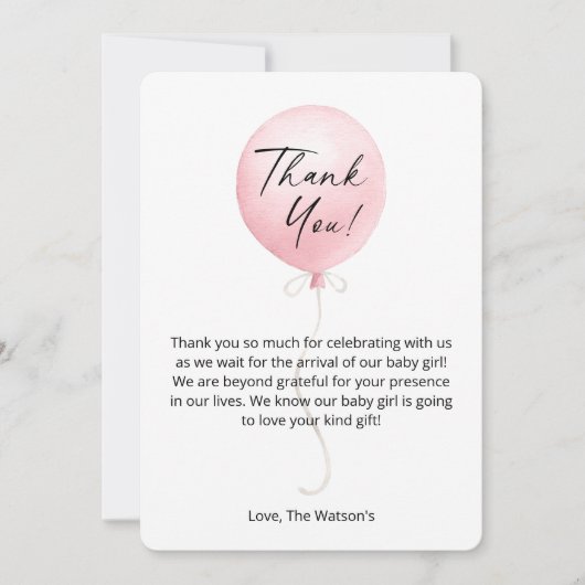 Modern roze ballon Baby shower dank je kaart (Voorkant)