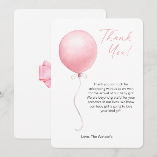 Modern roze ballon Baby shower dank je kaart (Voorkant / Achterkant)