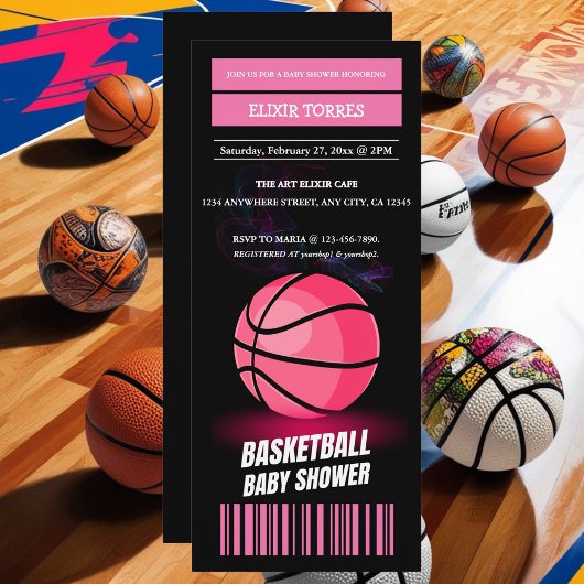 Modern Roze Basketbal Ticket Ball Baby shower Kaart
