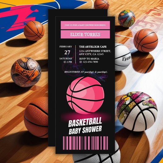 Modern Roze Basketbal Ticket Ball Baby shower Kaart