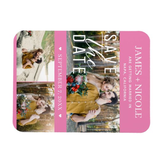 Modern Roze Bewaar de datum Bruiloft 3 Foto's Magneet (Horizontaal)