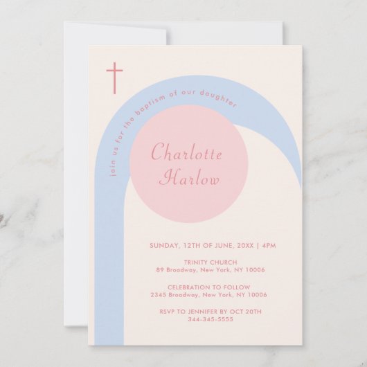 Modern Roze Blauw Beige Boho Arch Cross Doop Kaart (Voorkant)