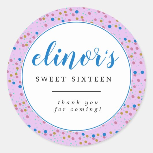 Modern Roze Blauw Confetti Sweet 16 Dank u Ronde Sticker (Voorkant)