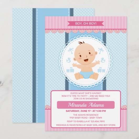 Modern Roze Blauw Jongen Baby shower Kaart (Voorkant / Achterkant)