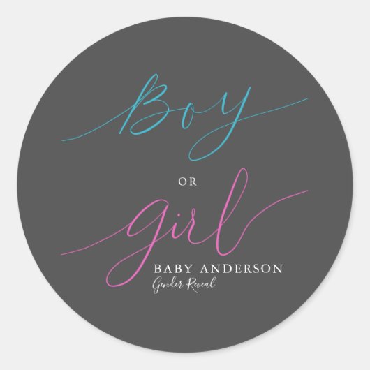 Modern Roze Blauw Jongen of Meisje Script Geslacht Ronde Sticker (Voorkant)