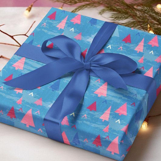 Modern roze blauw kerstboom patroon cadeaupapier