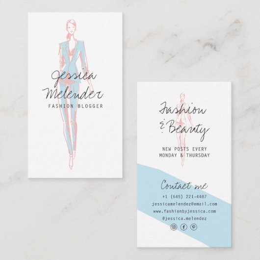 Modern roze blauw mode illustratiescript visitekaartje (Voorkant / Achterkant)