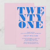 Modern Roze Blauw Vet Typografie 21e Verjaardag Kaart (Voorkant / Achterkant)