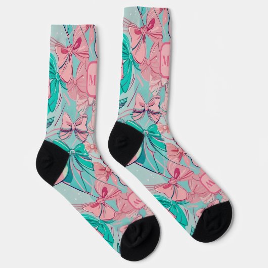 Modern roze blauwgroen grote bogen monogram chic sokken (Rechts)