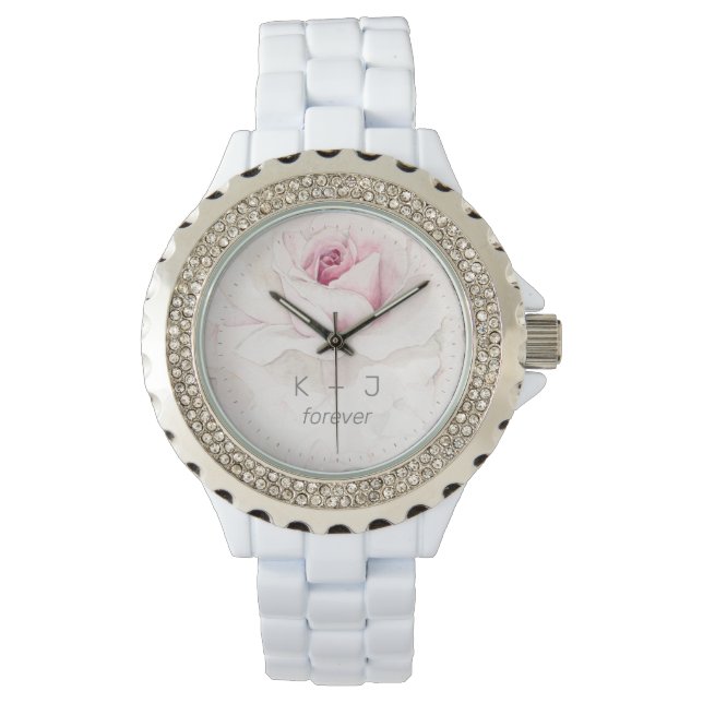 Modern Roze Bloemen Bruid Groom Monogram Horloge (Voorkant)