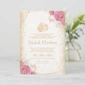Modern Roze Bloemen Goud Islamitische Aqiqa Aqeeqa Kaart (Staand voorkant)