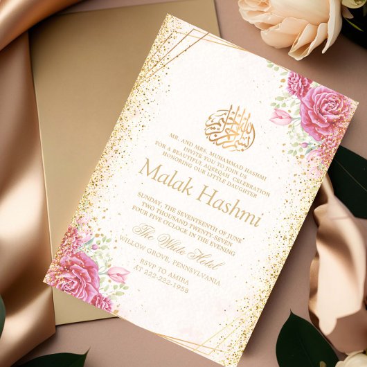Modern Roze Bloemen Goud Islamitische Aqiqa Aqeeqa Kaart