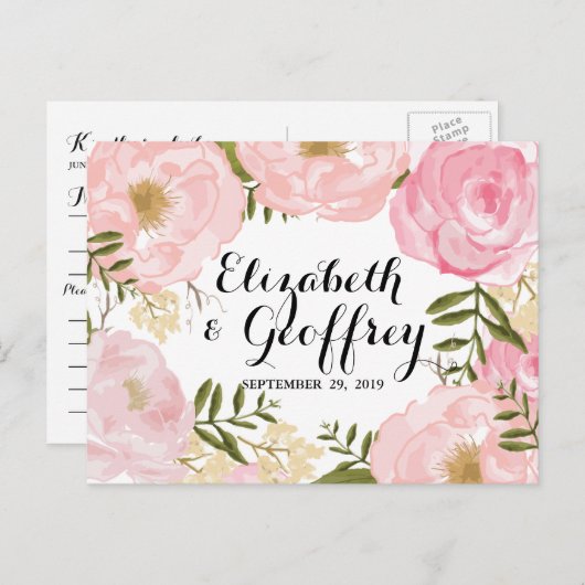 Modern  Roze Bloemen Huwelijk RSVP Kaart (Voorkant / Achterkant)