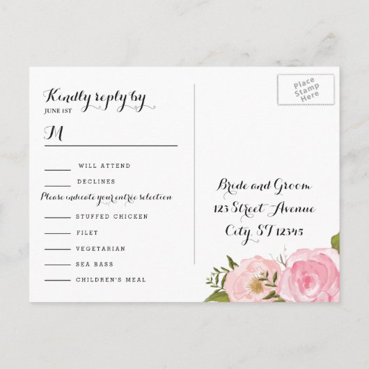Modern  Roze Bloemen Huwelijk RSVP Kaart (Achterkant)