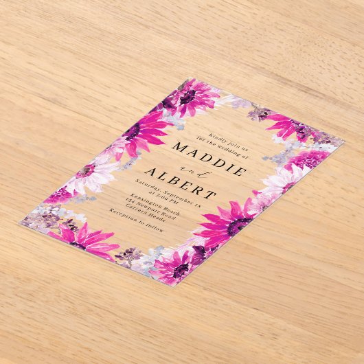 Modern Roze Bloemen Lijst bruiloft Acryl Uitnodigingen (Laagn)