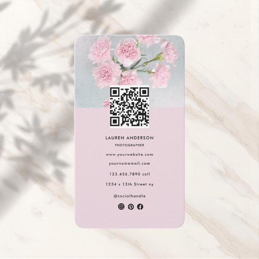 Modern Roze Bloemen Visitekaartje met Foto & QR