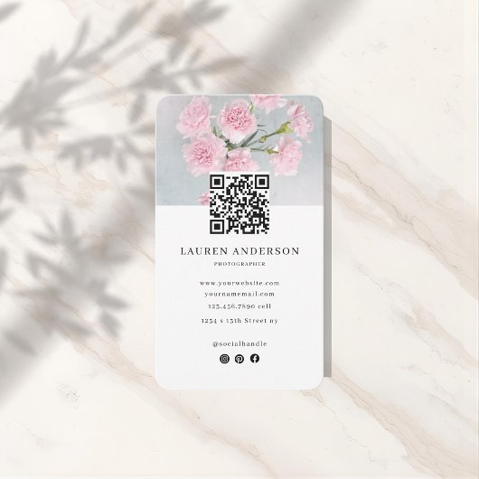 Modern Roze Bloemen Visitekaartje met Foto & QR