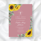 Modern roze bloemenkruis eerste communie kaart