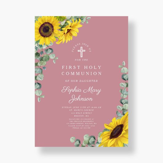 Modern roze bloemenkruis eerste communie kaart