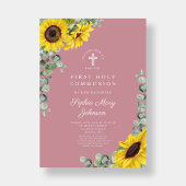 Modern roze bloemenkruis eerste communie kaart