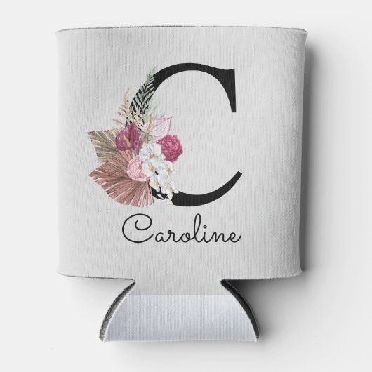 Modern roze bloemig Initiaal C Blikjeskoeler (Voorkant)