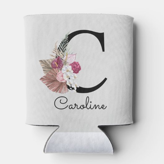 Modern roze bloemig Initiaal C Blikjeskoeler (Achterkant)