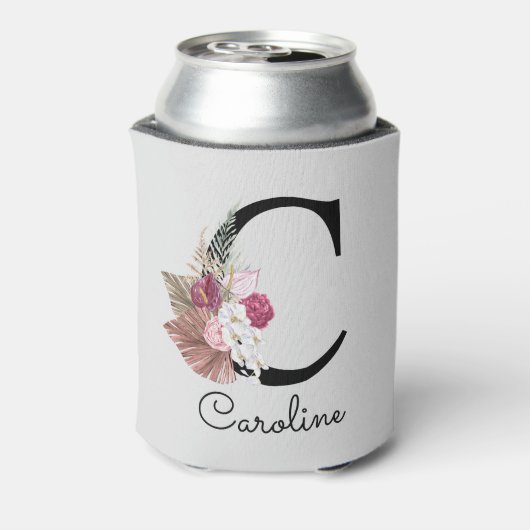 Modern roze bloemig Initiaal C Blikjeskoeler (Blikje Achterkant)