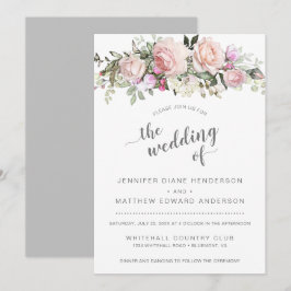 Modern Roze Blush Rozen Boeket Lichtgrijze Huwelij Kaart