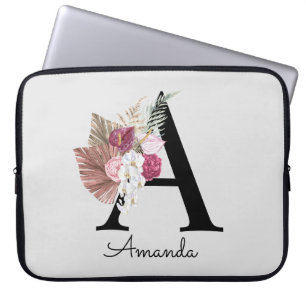 Modern Roze Boho Girly Floral Initiaal A-laptop Laptop Sleeve