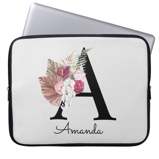Modern Roze Boho Girly Floral Initiaal A-laptop Laptop Sleeve (Voorkant)