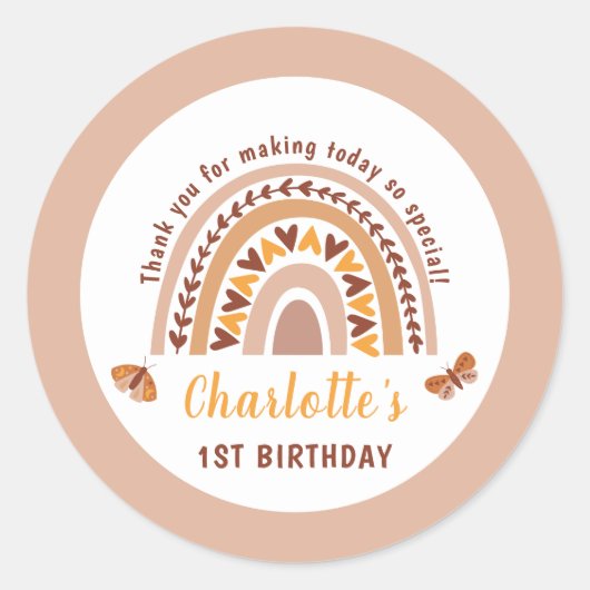 Modern Roze Boho Rainbow 1e verjaardag Dank je Ronde Sticker (Voorkant)
