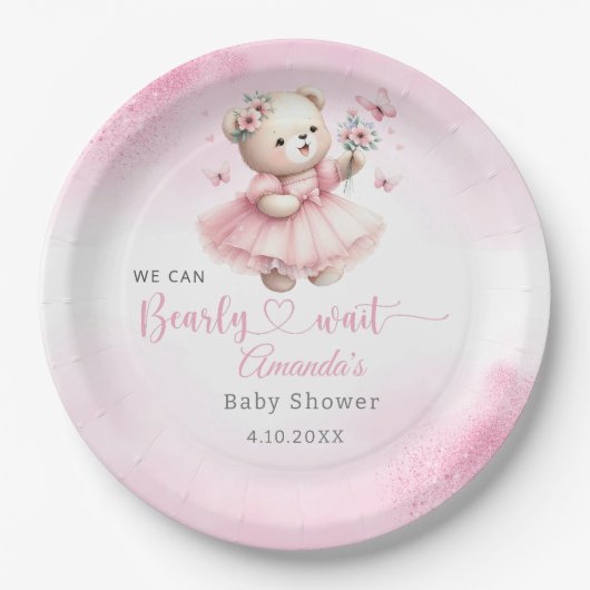Modern roze Boho Teddy Bear meisje baby shower Papieren Bordje (Voorkant)