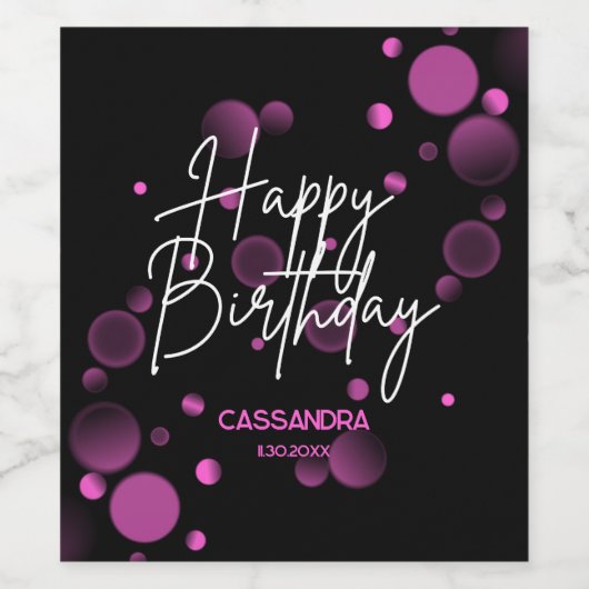 Modern Roze Bokeh Gradient Zwart Gelukkige Verjaar Wijn Etiket (Enkel label)