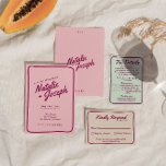 Modern Roze Bourgondië Retro Fun Whimsical Bruilof Kaart<br><div class="desc">Deze huwelijksuitnodiging is ideaal voor uw bruiloft als u op zoek bent naar een uniek en eenvoudig bewerkbaar ontwerp. Een elegante, eenvoudige, minimalistische roze bruiloft sjabloon uitnodiging. Wat een effen roze achtergrond heeft. En Bourgondische grillige bruid's en bruidegom's voornamen. En bewerkbare info met monogram in de achterkant. Betaalbaar en het...</div>