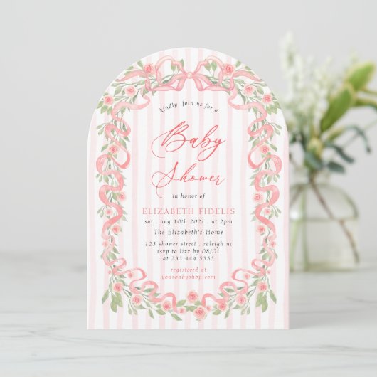 Modern Roze Bow Bloemen Rozen Baby shower Kaart (Staand voorkant)
