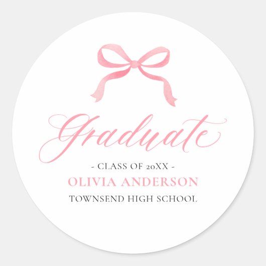 Modern Roze Bow Coquette Afstuderen Afstuderen Ronde Sticker (Voorkant)
